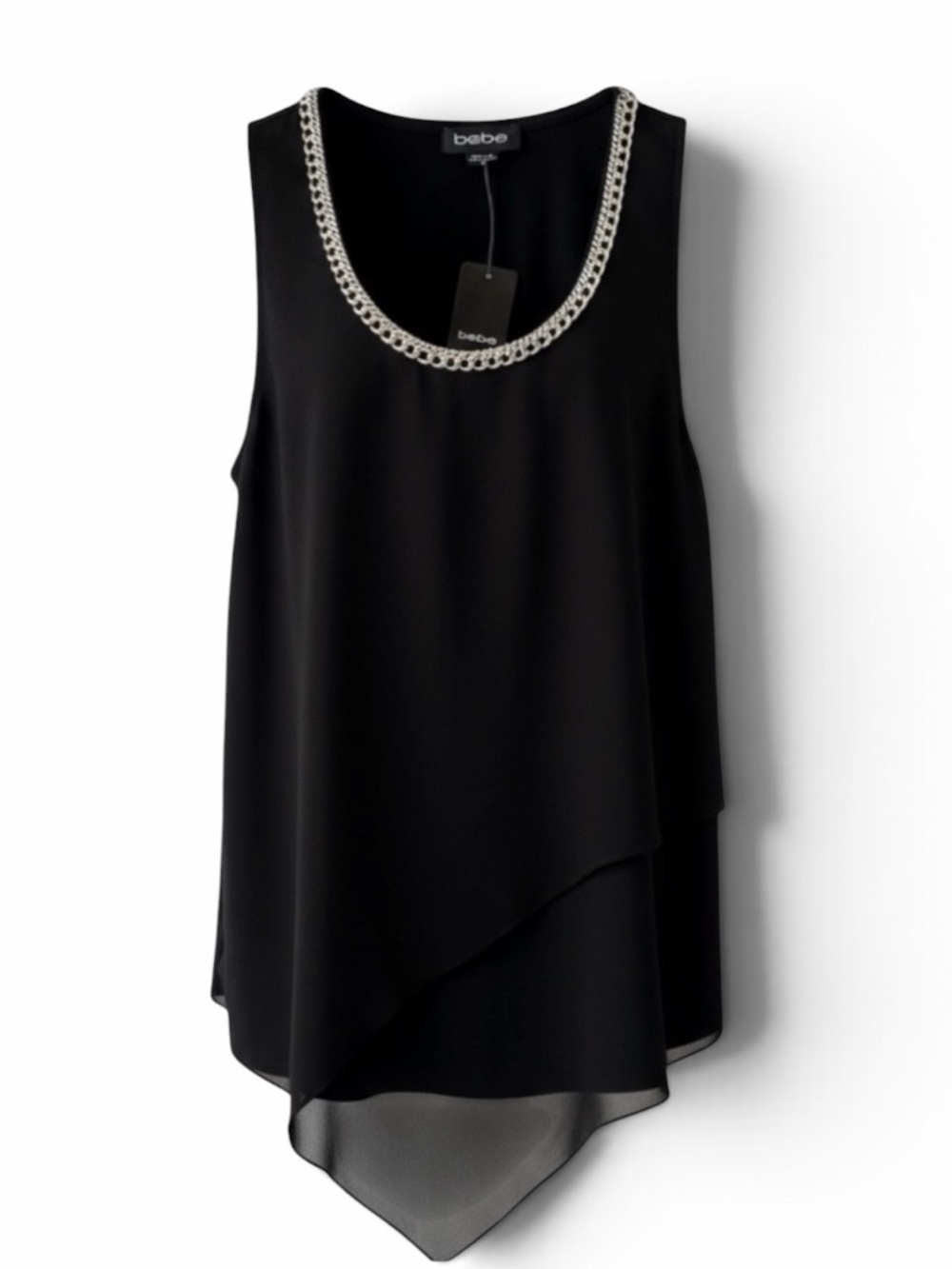 bebe Black Layered Sleeveless Tank with Gold Chain Trim Size Small
